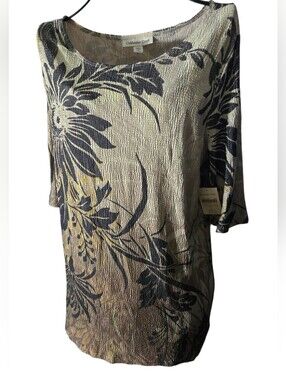Coldwater Creek Metallic Floral Scoop-Neck Tunic in Gold and Black Size Large